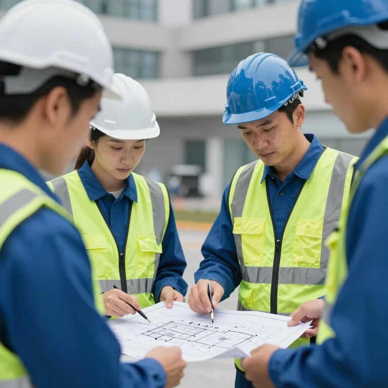 A group of engineers in safety gear reviewing site plans, incorporating #1A2C3D and #4C6A7F in their uniforms.