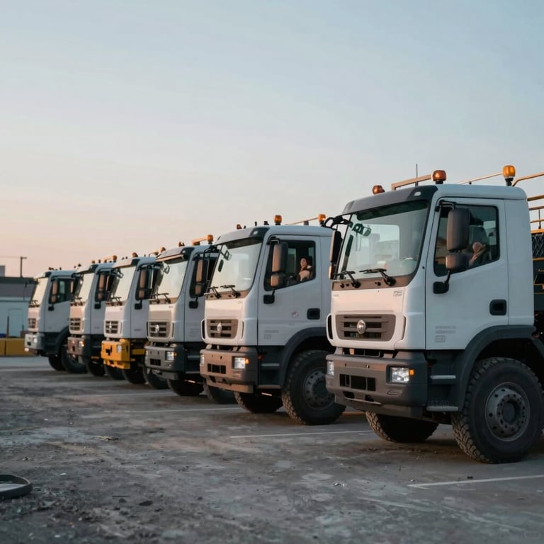 A fleet of industrial trucks parked in an orderly line at an Andrew Horan project site, dawn light, #4C6A7F tones.