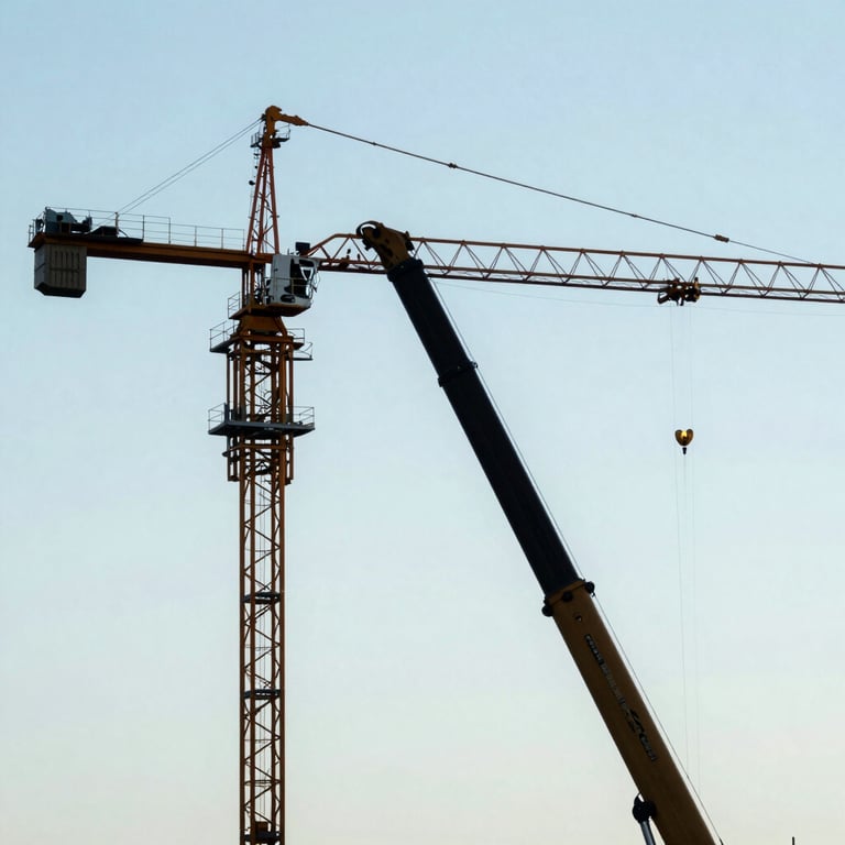 A demolition crane arm silhouetted against a #F5F8FA sky, professional architectural photography style.