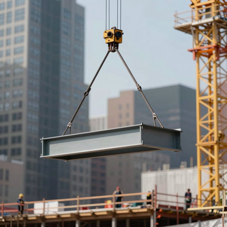 Structural steel beams being lifted by a crane on a New York urban development site overseen by Andrew Horan.