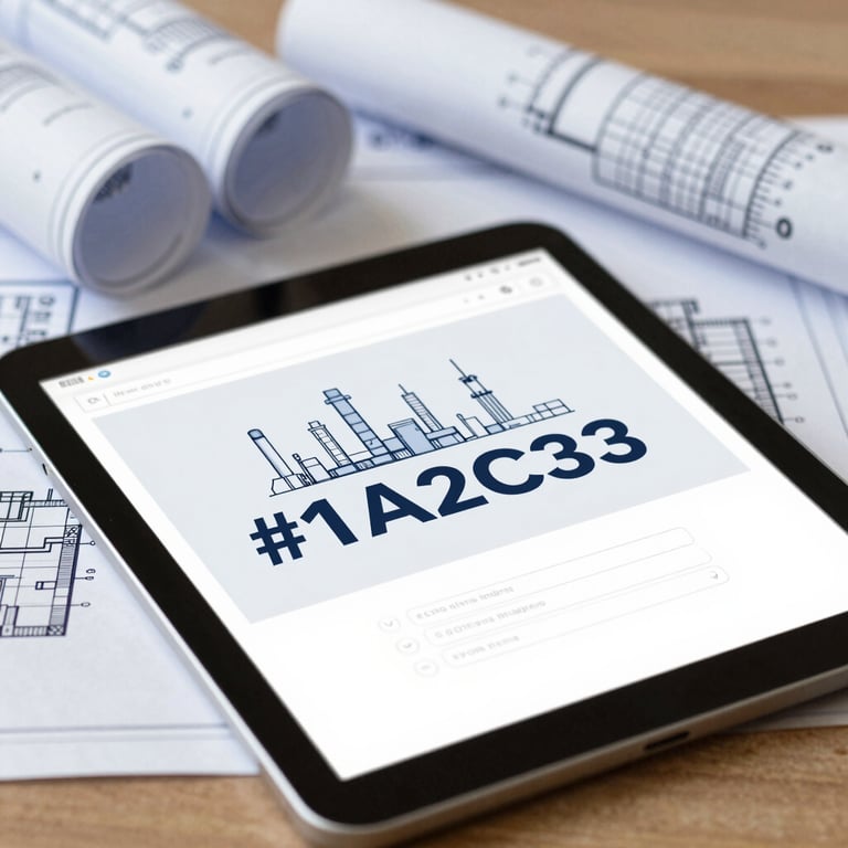 Close-up of industrial blueprints and a digital tablet on a wooden table, featuring shades of #1A2C3D and #9FB8C6.