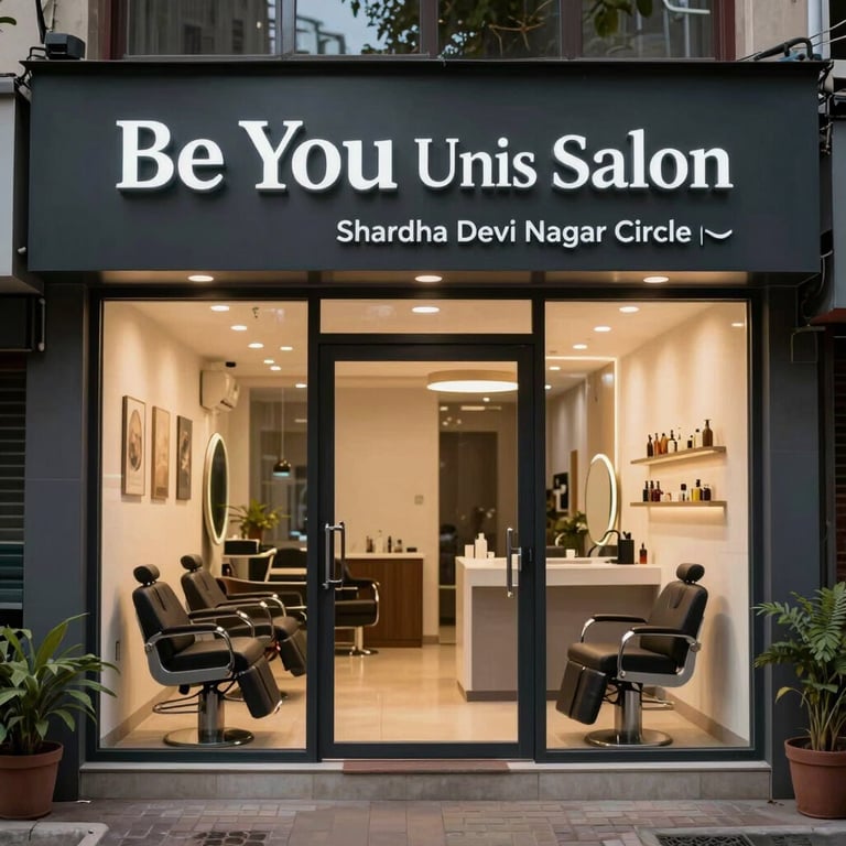 The professional storefront of Be You Unisex Salon at Shardha Devi Nagar Circle with modern signage and inviting windows.