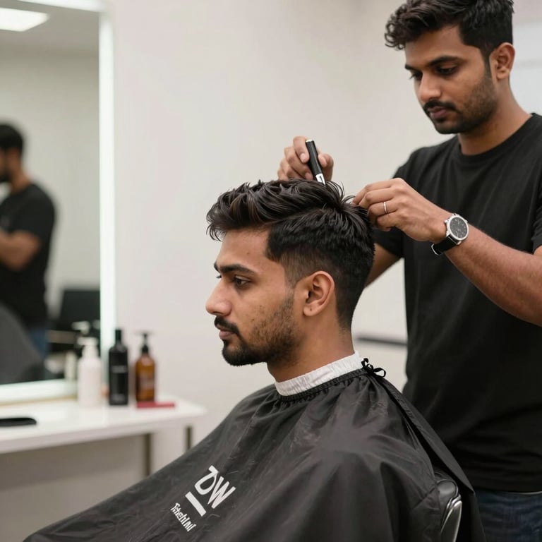 A stylish man receiving a precision haircut in a bright, modern salon in South Asian / Indian setting.