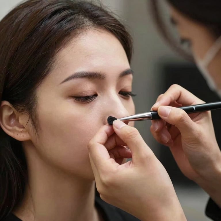 A close-up of a stylist applying intricate and elegant makeup for a client in a professional luxury salon.