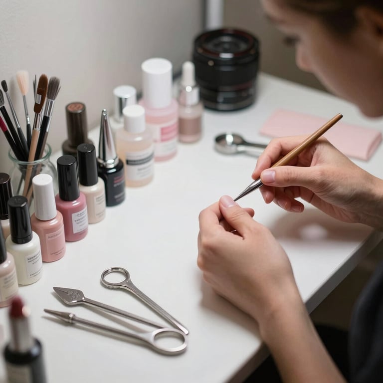 A detailed shot of a manicure station featuring high-end nail care products and organized tools.