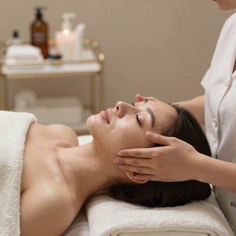 A woman enjoying a relaxing facial treatment in a tranquil, professionally lit studio with soft taupe accents.