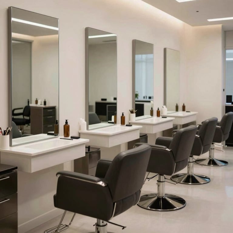 A row of modern, clean salon stations with large mirrors and ergonomic charcoal chairs.