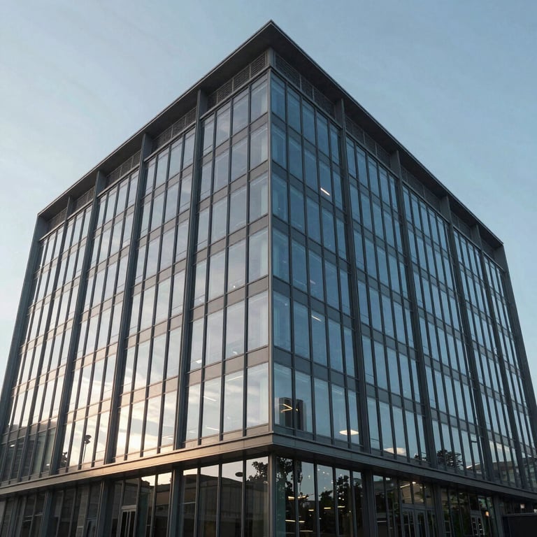 The exterior of a sleek, contemporary biotech building with a glass facade during a clear day. North American / Global.