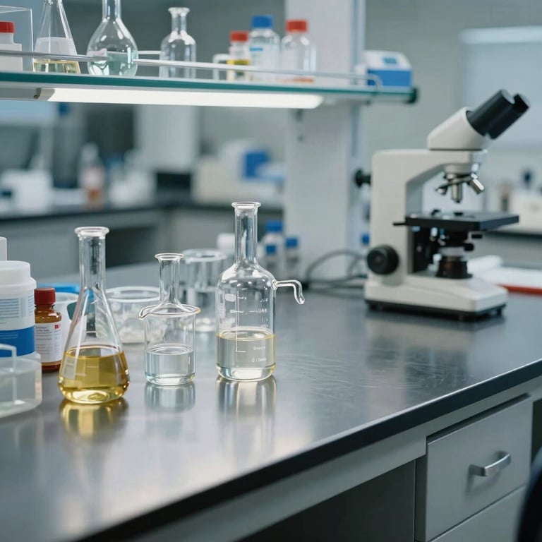 A clean, organized laboratory workbench with sophisticated glass instruments and stainless steel surfaces. North American / Global.