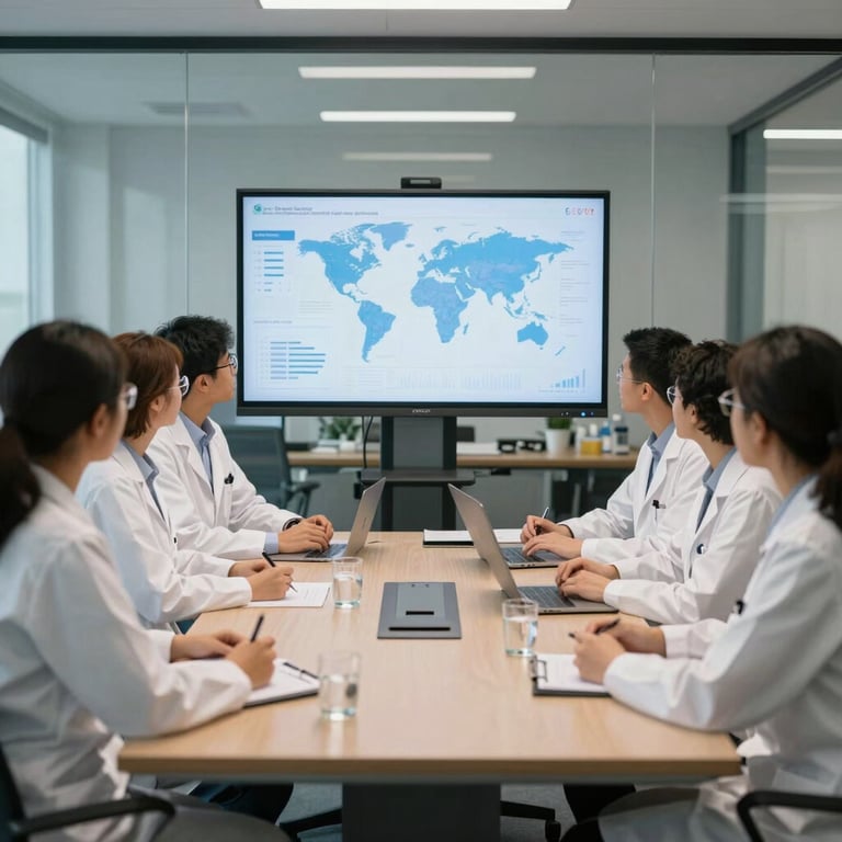 A group of diverse scientists in a meeting room with glass walls, discussing data on a large screen in a pharmaceutical office. North American / Global.