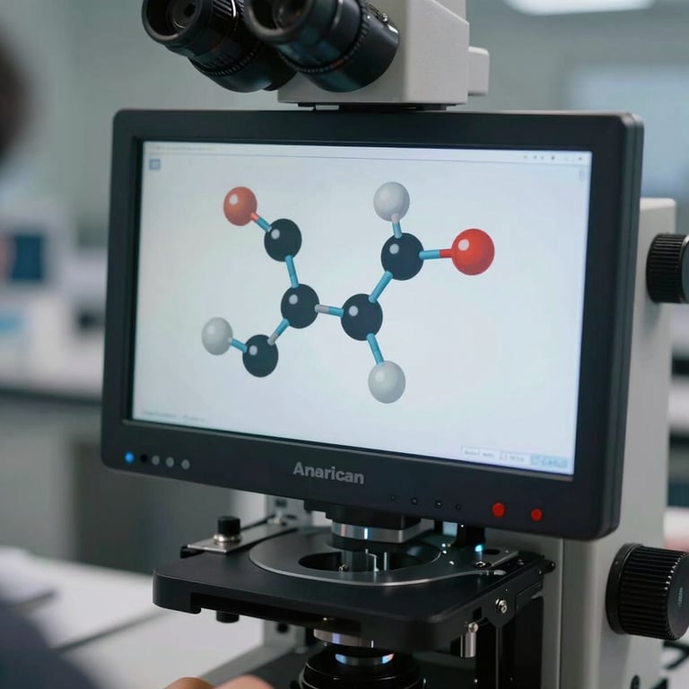 A close-up of a digital microscope screen displaying a molecular structure in a professional laboratory setting. North American / Global.