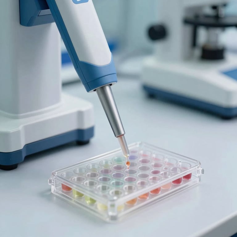 A macro view of an automated pipette dispensing liquid into a multi-well plate, featuring light blue and white lab equipment. North American / Global.