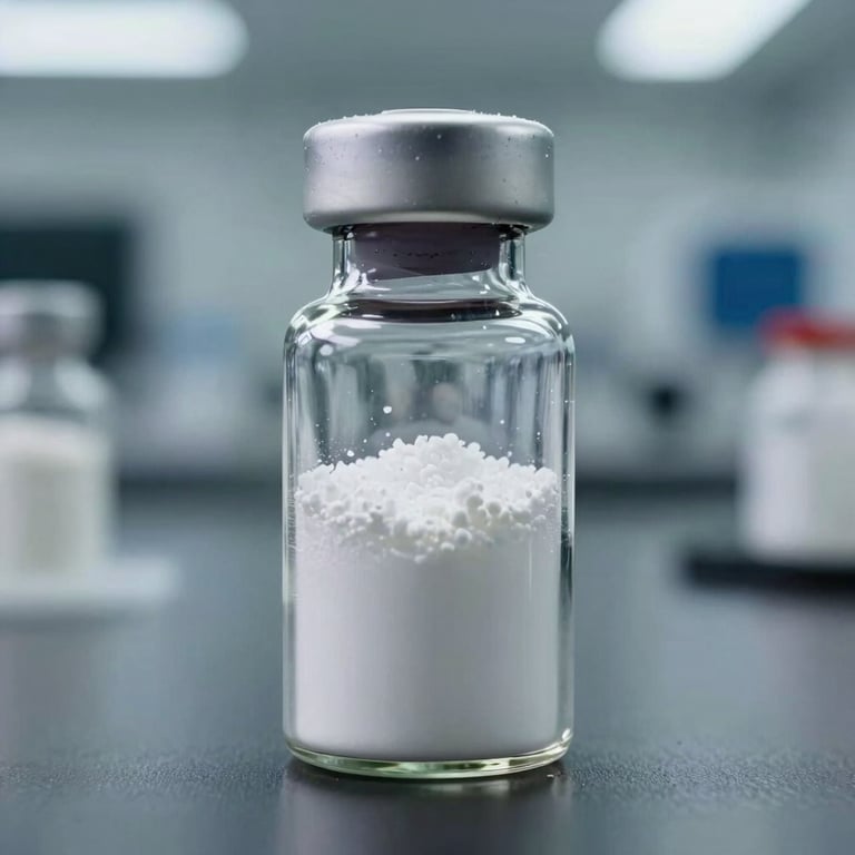 A sharp focus on a sealed glass vial containing white peptide powder, set against a blurred background of a clean-room laboratory. North American / Global.