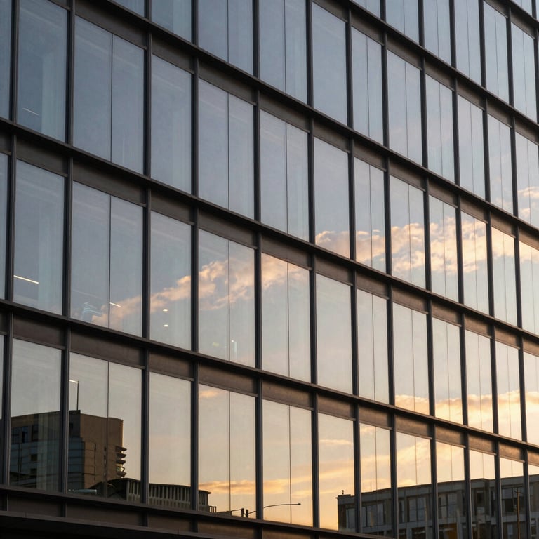 Architectural detail of a modern glass office building reflecting the golden sunset.