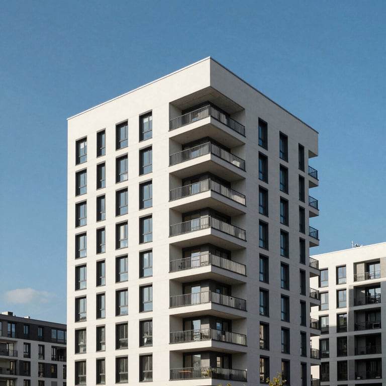 Modern residential building in a Central European city under a clear blue sky.