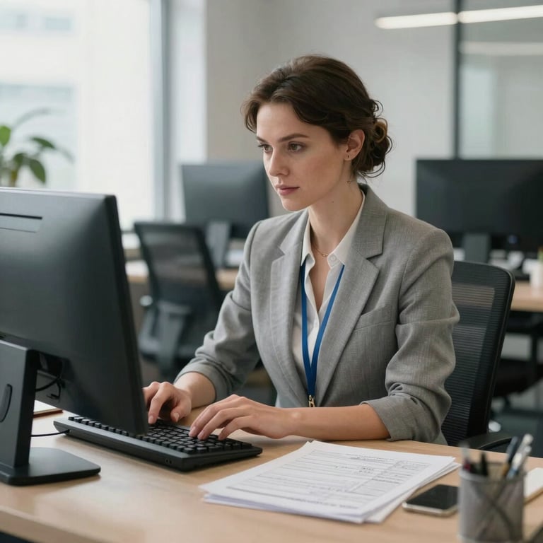 Professional female accountant working on spreadsheets in a brightly lit Slovak office.