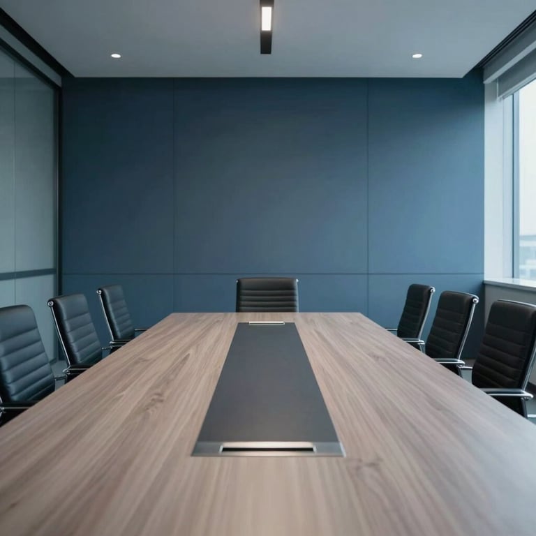 Interior of a sophisticated, minimalist corporate boardroom with blue and grey accents.