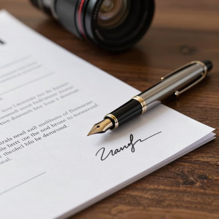 Close-up of a signed real estate contract with a luxury pen on a dark wood table.
