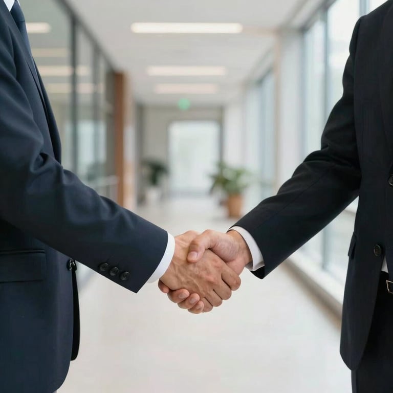 Two professionals shaking hands in a bright, modern corridor, representing a successful partnership.