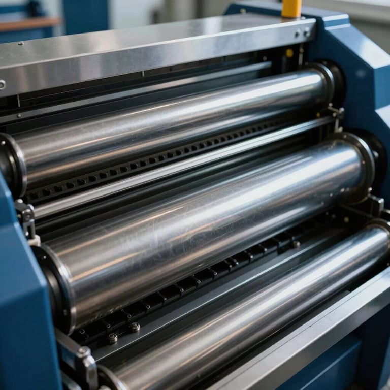 The internal rollers of an offset press, clean and polished, in steel blue tones.