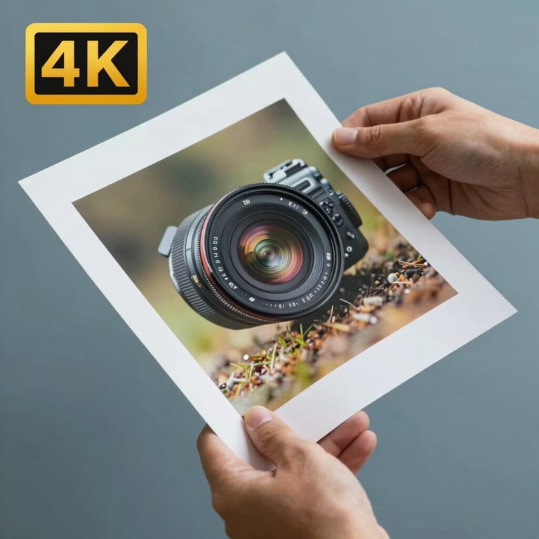 A designer's hand holding a high-resolution color proof against a slate blue background.