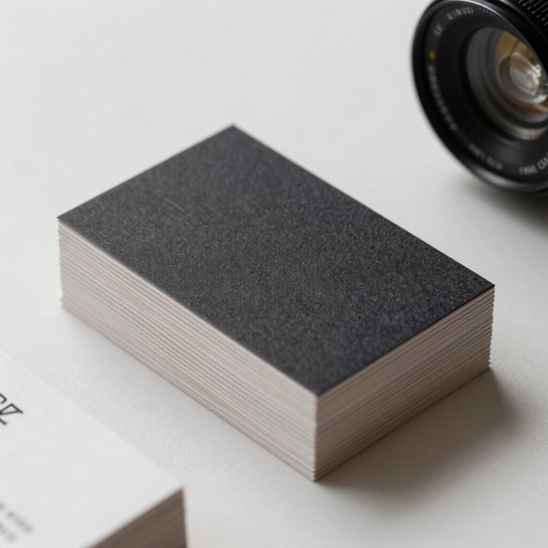 Stack of premium business cards with sharp edges on a mist white surface.