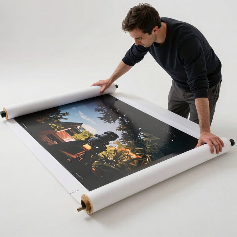 A finished large-format poster being rolled carefully by a professional in a mist white studio.