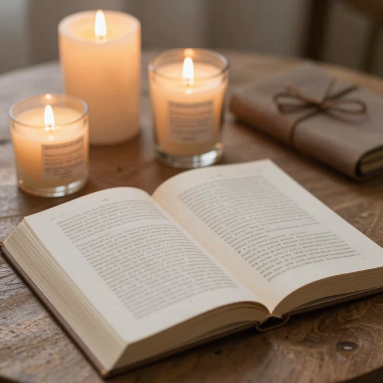 Open book pages with warm bokeh lighting and text reading La voix de Monica in a starburst frame.