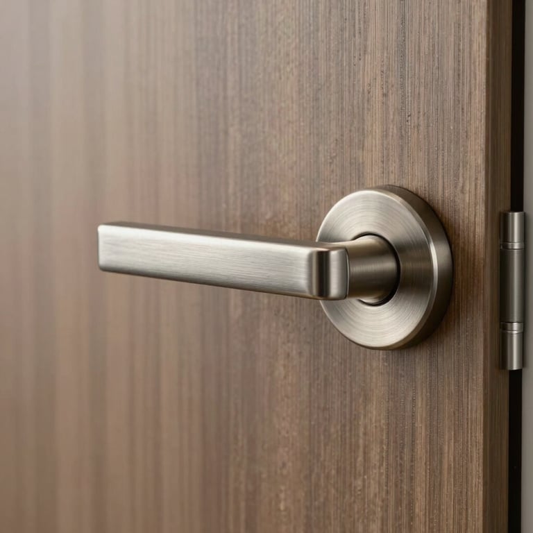 Close-up of a high-quality brushed nickel commercial door handle on a modern office door in North America.