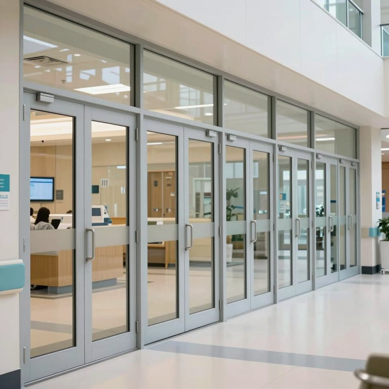 A row of perfectly aligned glass and steel doors in a bright, modern North American hospital lobby.