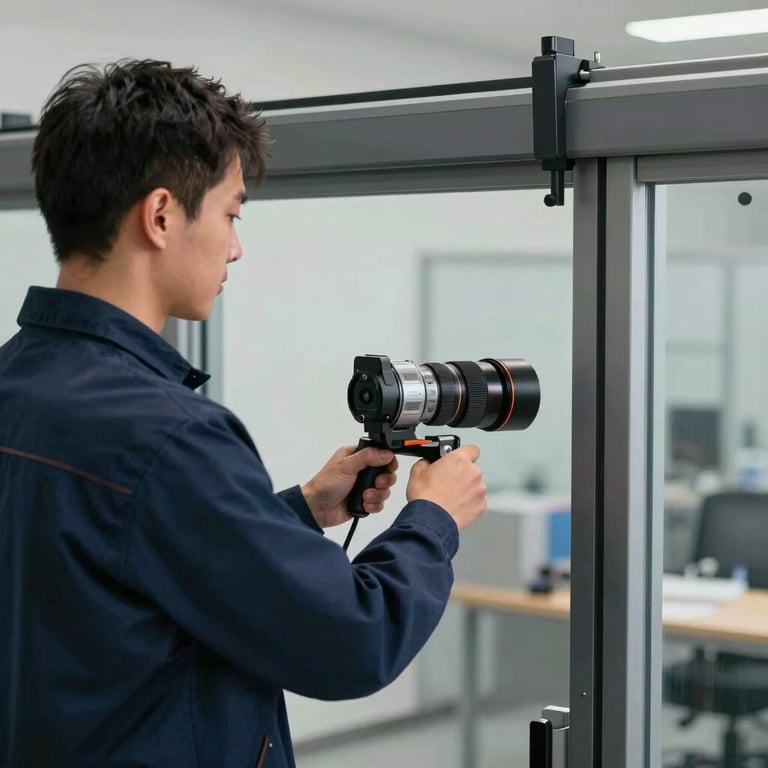A technician in a navy blue shirt using professional tools to calibrate an automatic sliding door system.