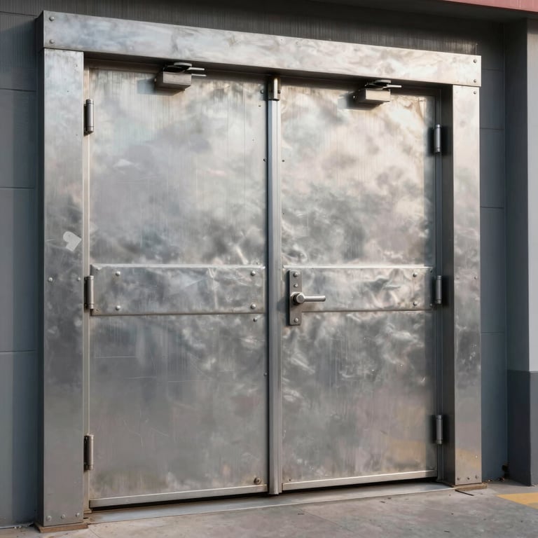 A detailed shot of a heavy-duty steel fire door showing precision installation in a commercial building.