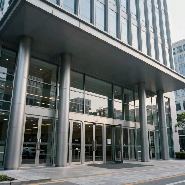 An exterior view of a large corporate campus entrance featuring tall, modern glass door systems.