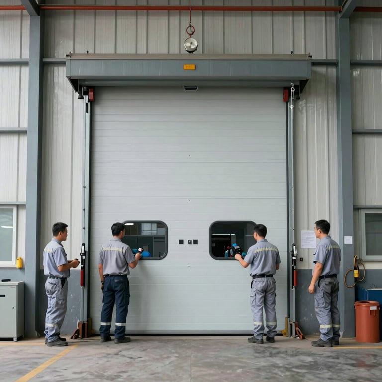 Wide shot of a large industrial warehouse door being serviced by a professional team in light blue-grey uniforms.