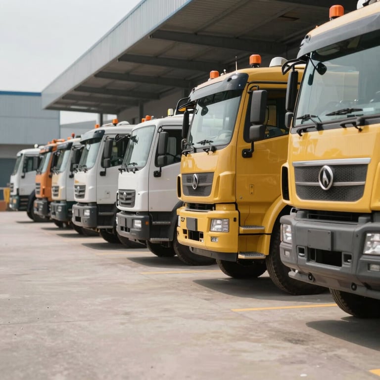 A row of heavy-duty construction trucks parked neatly in a secure facility, showcasing the variety of machinery available.
