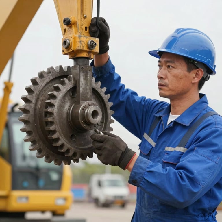 Close-up of a heavy construction crane's gears being serviced by a mechanic in professional blue overalls, showcasing technical expertise.