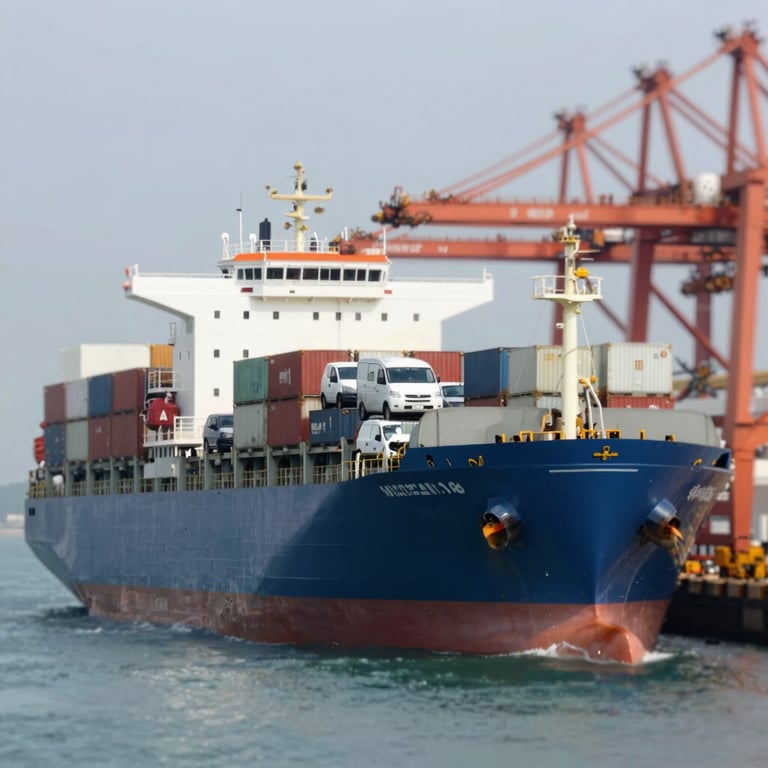 A large cargo ship at a Japanese port being loaded with various vehicles, symbolizing international trade and import-export capabilities.