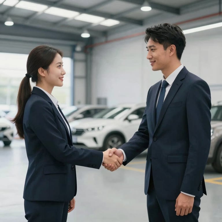 A professional handshake between a dealer and a client in front of a modern car warehouse, representing trust and established business relations.