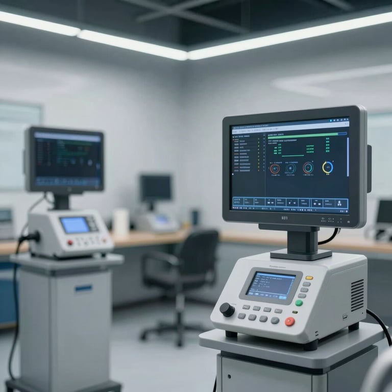 Interior of a clean, modern vehicle repair shop featuring high-tech diagnostic equipment and a focus on professionalism.