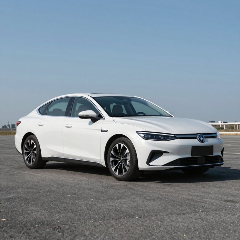 A sleek white sedan ready for export, shot at a 45-degree angle on a clean asphalt lot under a clear blue sky, emphasizing reliability and global connectivity.