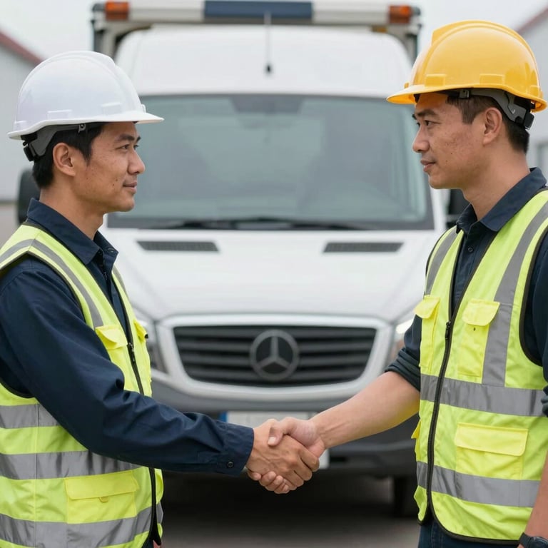 Two logistics professionals shaking hands in front of a clean transport vehicle, symbolizing trust and reliability.
