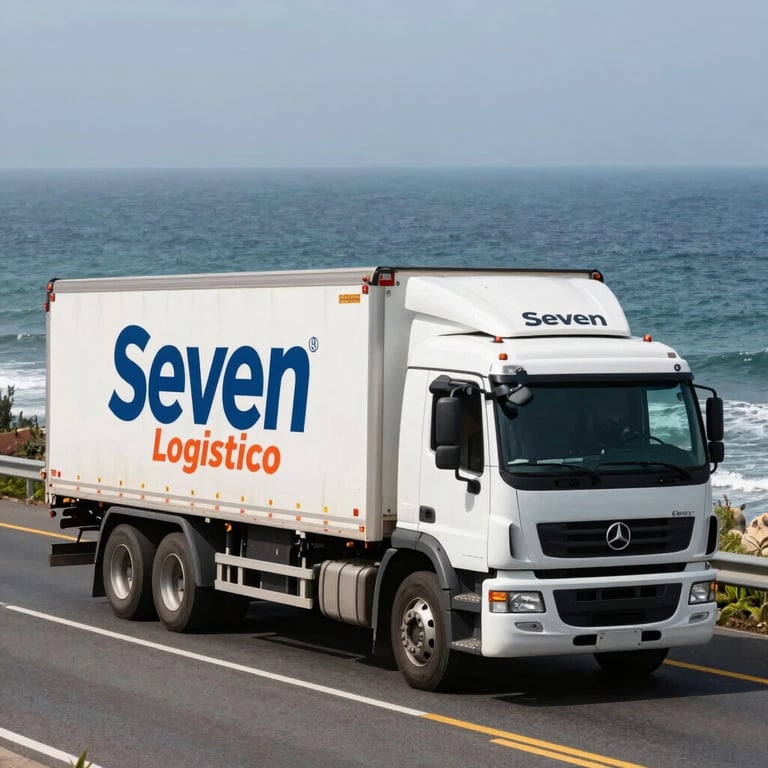 A Seven Operador Logistico transport truck driving on a coastal Peruvian highway with the ocean in the distance.