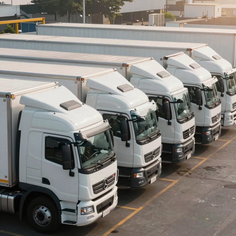 A fleet of modern white transport trucks parked in an orderly line in a Lima industrial district, morning sun, professional look.