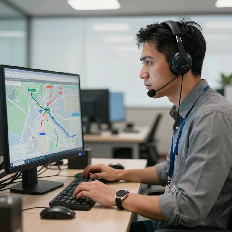 A professional dispatcher in a modern office in Lima monitoring logistics routes on a computer screen.