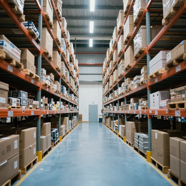 Interior of a secure, brightly lit storage warehouse with tall industrial shelving and pale sky blue floors.