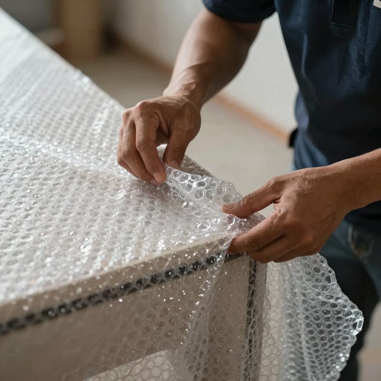 Close-up of high-quality bubble wrap and protective packaging being applied to delicate furniture by workers in uniform.