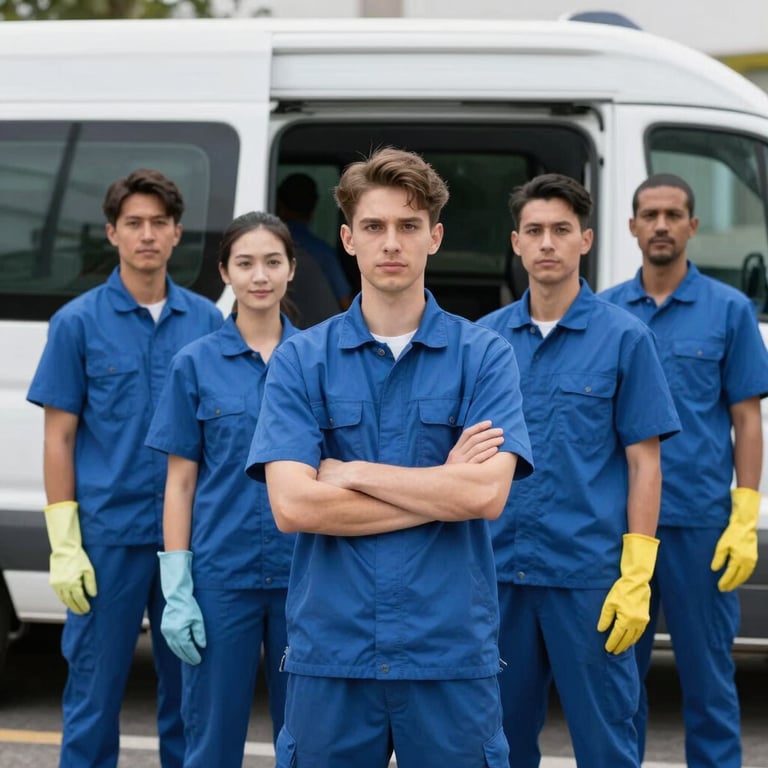 A team of cleaning professionals in blue uniforms posing in front of their service van.