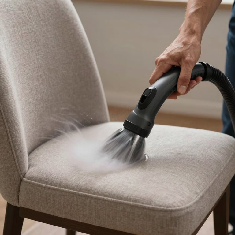A close-up of a technician's hand using a steam cleaner on an upholstered chair.