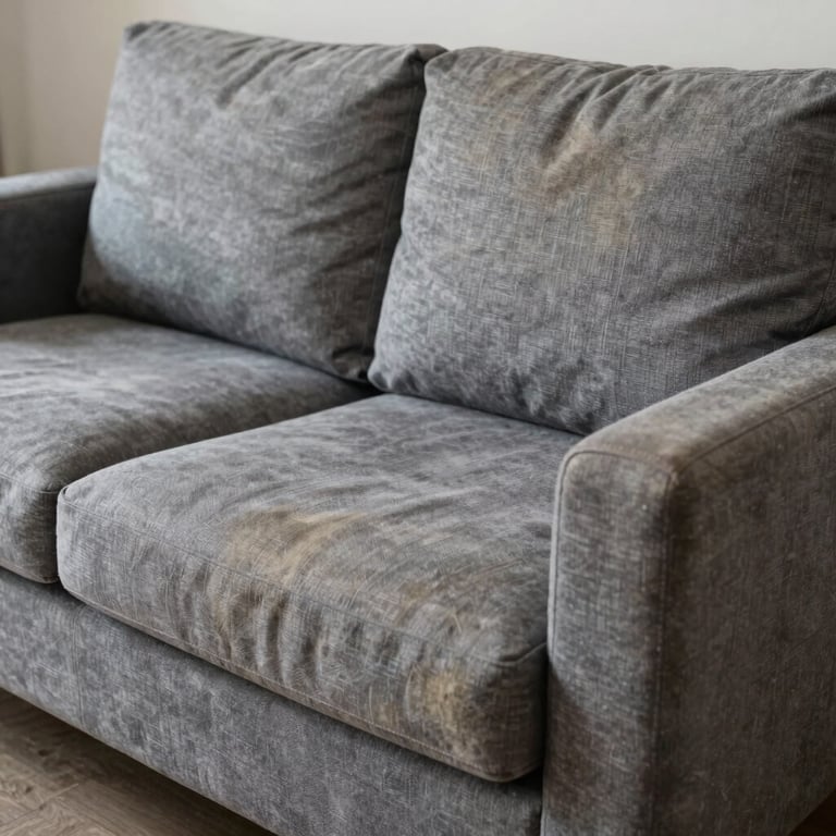 Before and after comparison of a deep-cleaned gray sofa showing significant stain removal.