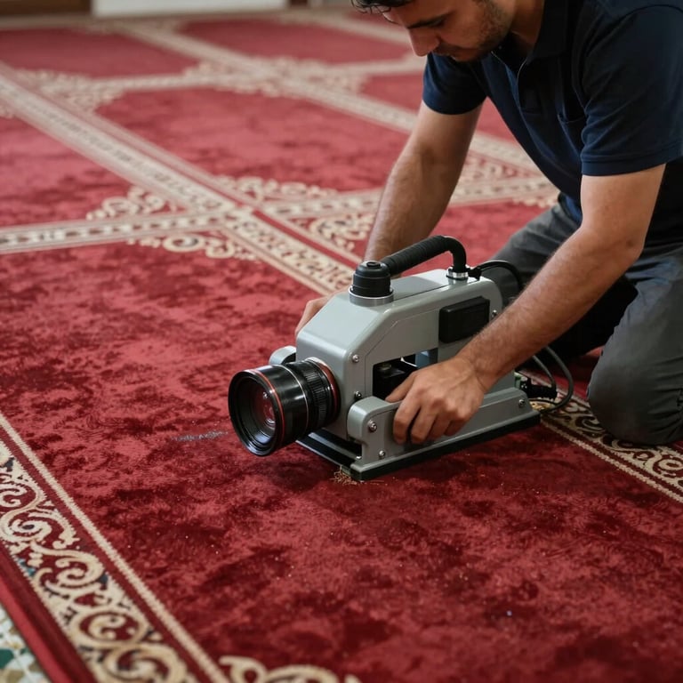 A detailed shot of a professional technician cleaning a large red mosque carpet in Ankara with specialized machinery.